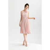 Silk Pleated Halter Midi Dress with High Neckline and Flowing A-Line Silhouette
